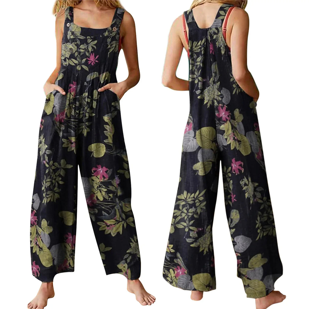 Combhasaki Women's S-3XL Cotton and Linen Jumpsuit Leaf Floral Print Square Neck Sleeveless Casual Loose Overalls with Pockets - Matrix Studios