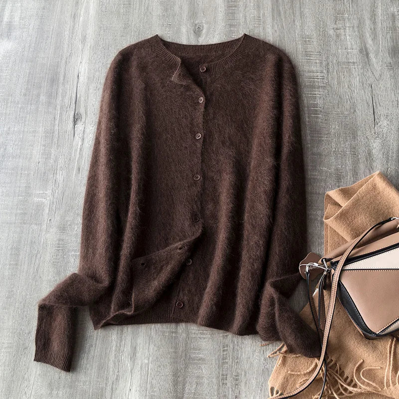 Brushed Wool Cashmere Warm Cardigan Women, O-Neck Seamless Soft Sweater - Matrix Studios