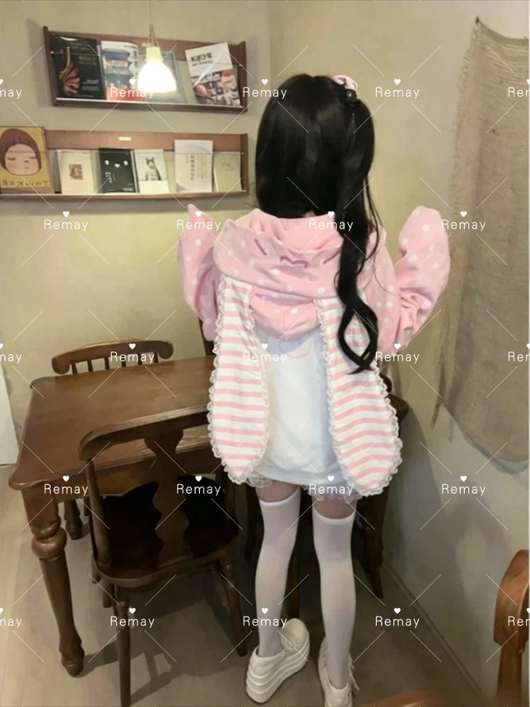 Japanese Kawaii Rabbit Ears Hoodies Tops Women Design Loose Dot Lace Patchwork Cute Coat Harajuku Chic Sweet Lovely Sweatshirts - Matrix Studios