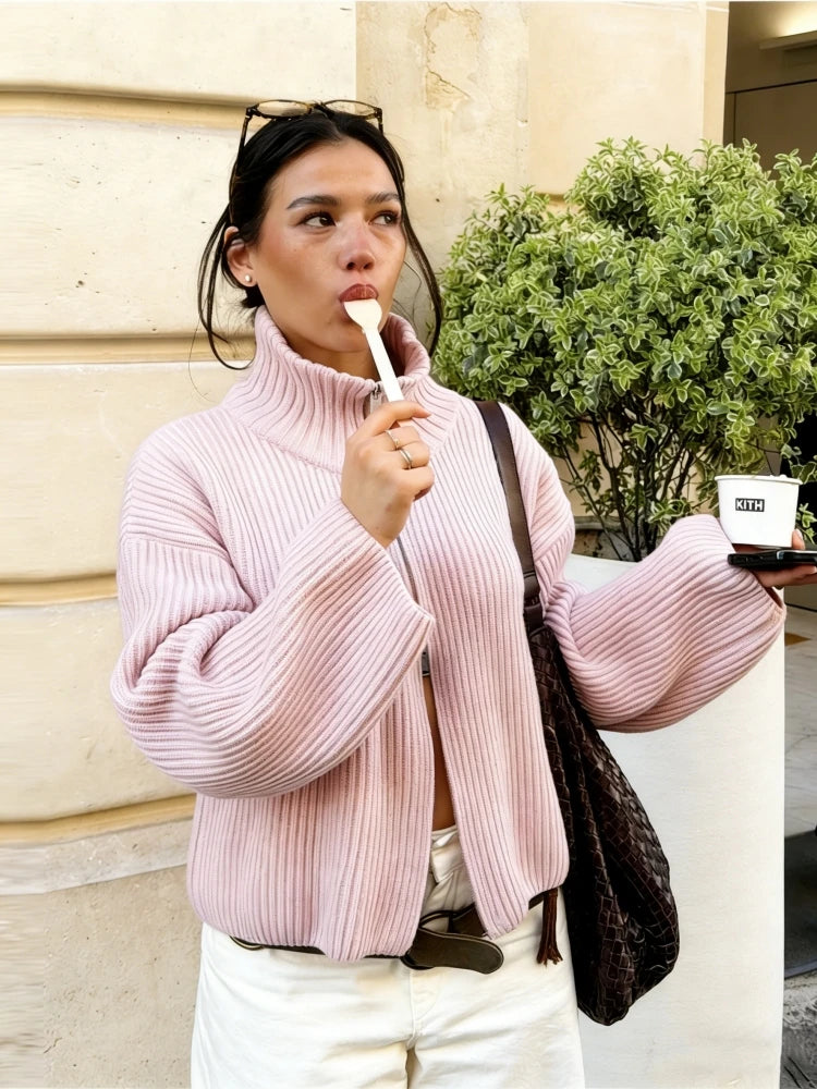 2026 New Spring Striped Loose Knit Cardigans Women Casual Turtleneck Zip-up Pink Sweater Coat Women Knitwear Streetwear - Matrix Studios