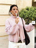 2026 New Spring Striped Loose Knit Cardigans Women Casual Turtleneck Zip-up Pink Sweater Coat Women Knitwear Streetwear - Matrix Studios