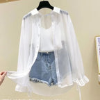 Smvp Chiffon Blouses for Women Summer Thin Loose Button-Up Sunscreen Shirt Woman Korean Fashion Bow Lace-up Long Sleeve Shirts - Matrix-studios.com