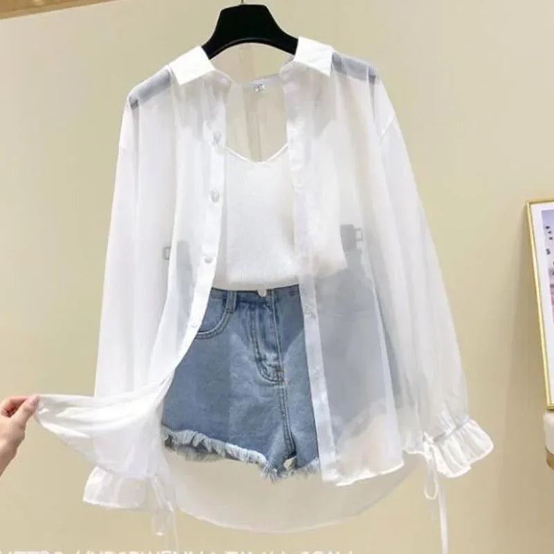 Smvp Chiffon Blouses for Women Summer Thin Loose Button-Up Sunscreen Shirt Woman Korean Fashion Bow Lace-up Long Sleeve Shirts - Matrix-studios.com