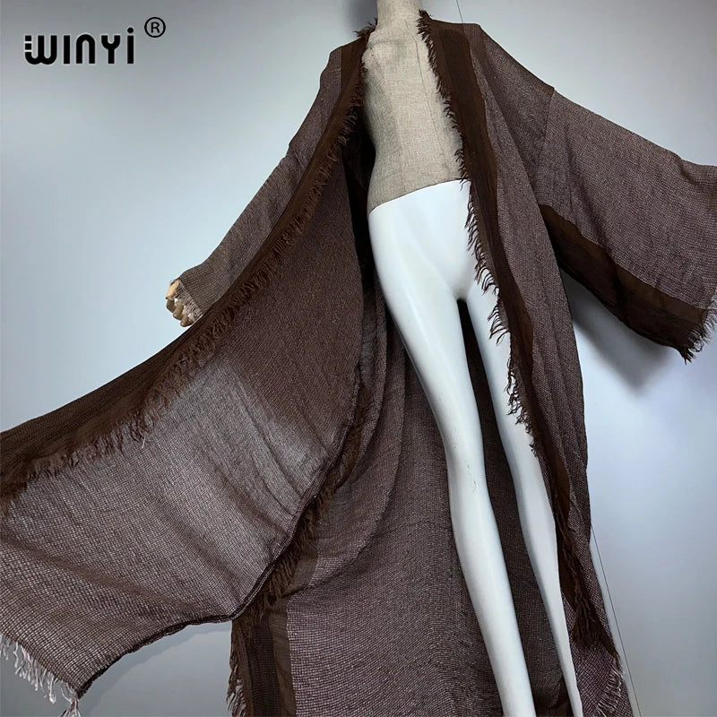 WINYI Retro Kimono Maxi Cardigan Beach Wear Covers Elegant Party Dress Abaya Dubai Luxury Muslim Woman Fashion Open Front Kaftan - Matrix Studios