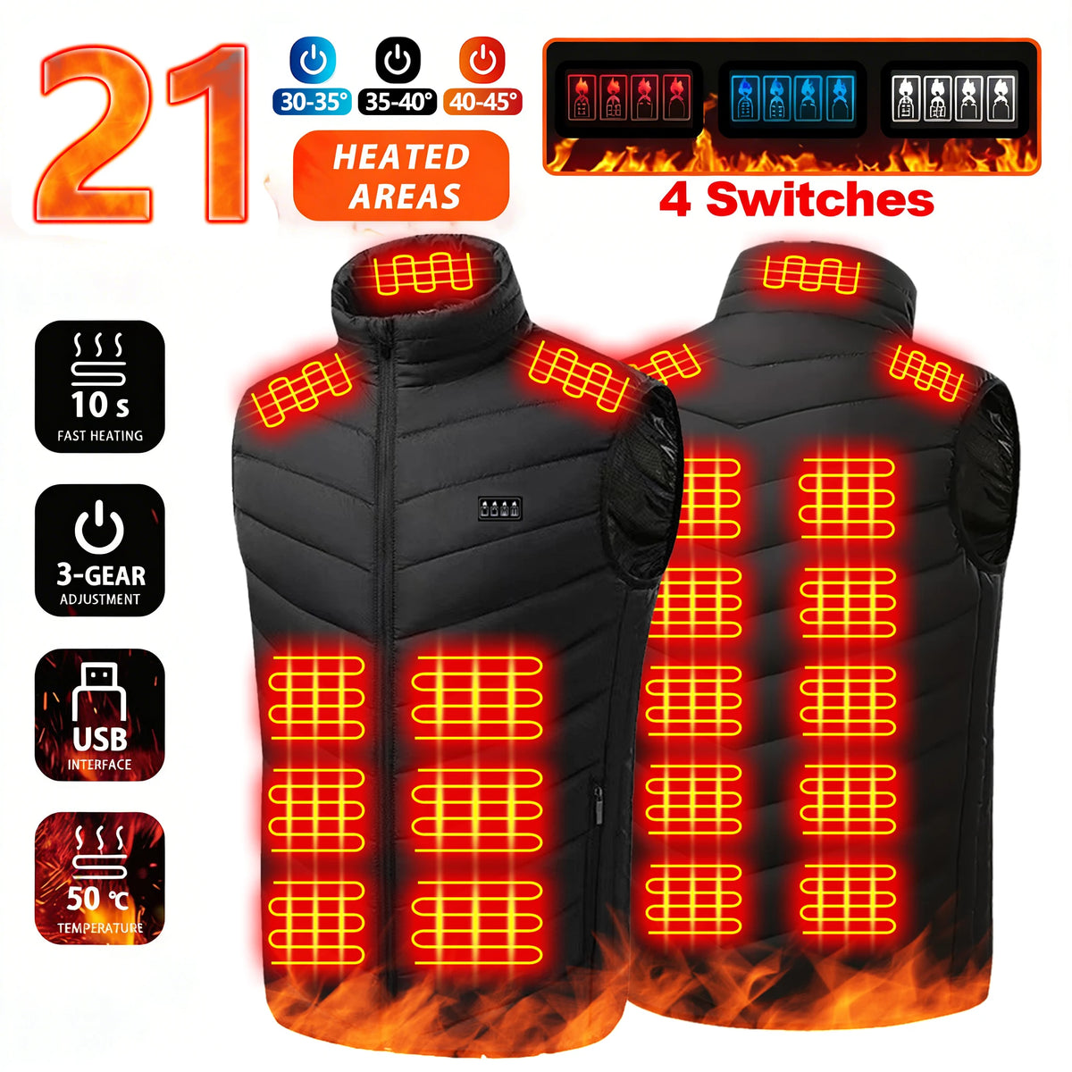 Winter Intelligent Heated Vest, Fast Heating, 21 Heating Zones, 3 Temperature Settings, 4-Zone Control, USB Port. Suitable for W - Matrix Studios