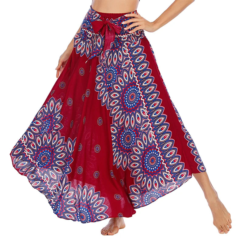 Boho Skirts Women Rayon Beach Long Dress Summer Bohemian Jupe Longue Femme Elastic Waist Print Floral Bandage Halter Hippie - Matrix Studios
