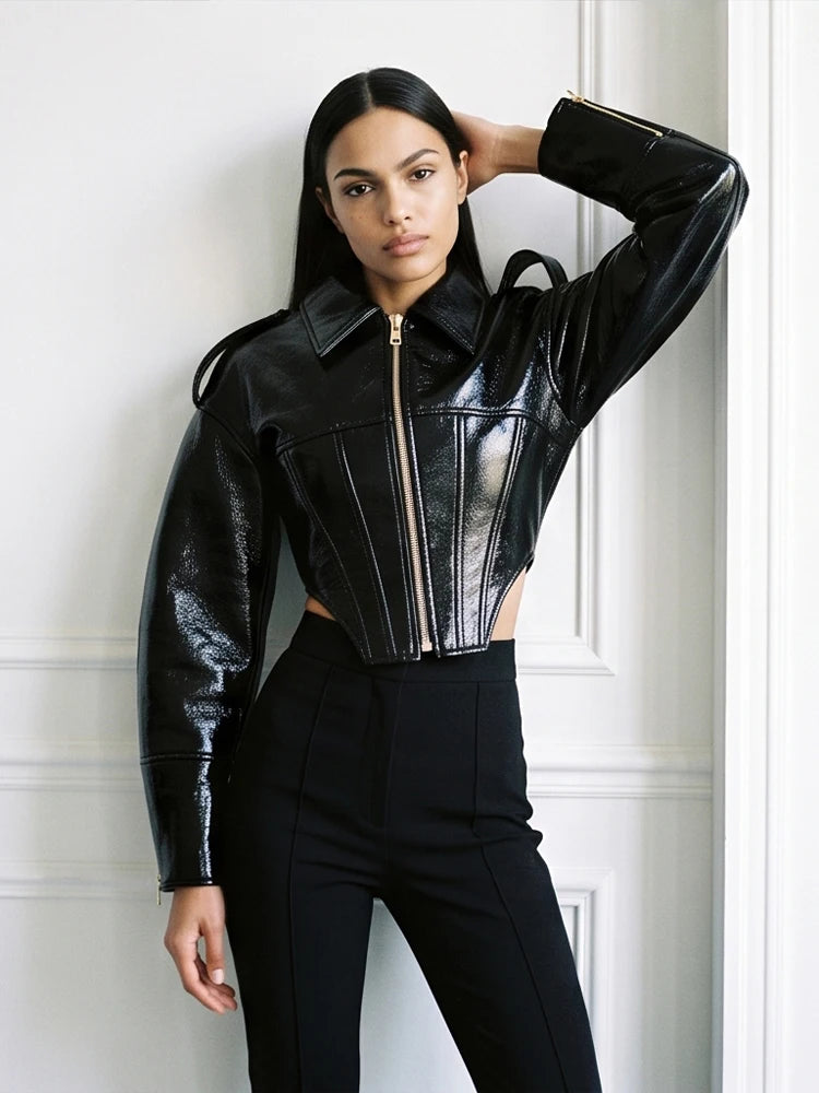 Women Retro Cinched-waist Coated Leather Jacket Casual Lapel Full Sleeve Zipper Fishbone Coats 2026 Lady Daily High Street Coat - Matrix Studios