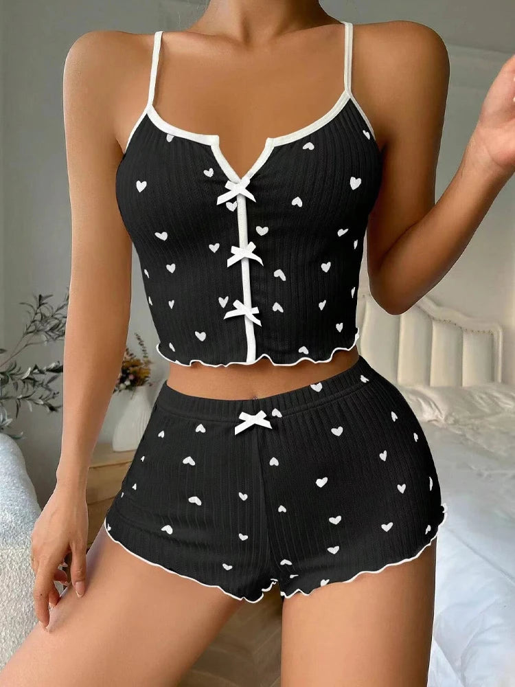 Sexy Sleepwear Women Pajamas Set Heart Print Silk Stain V-Neck Sleeveless Casual Cami Top and Shorts Sets Home Suit Loungewear - Matrix-studios.com