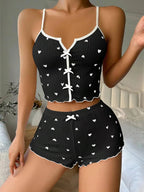Sexy Sleepwear Women Pajamas Set Heart Print Silk Stain V-Neck Sleeveless Casual Cami Top and Shorts Sets Home Suit Loungewear - Matrix-studios.com