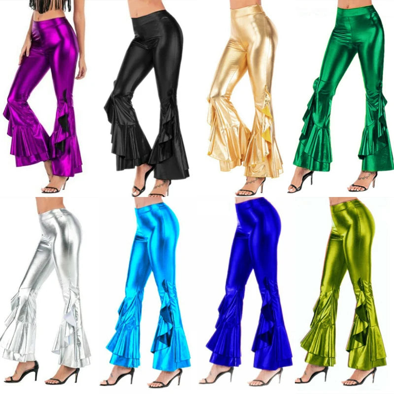Women Shiny Flare Trousers Metallic Bell Bottoms Ruffle Wide Leg Pants Retro 70s Retro Disco Costume Stage Prom Club Trouser