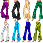 Women Shiny Flare Trousers Metallic Bell Bottoms Ruffle Wide Leg Pants Retro 70s Retro Disco Costume Stage Prom Club Trouser