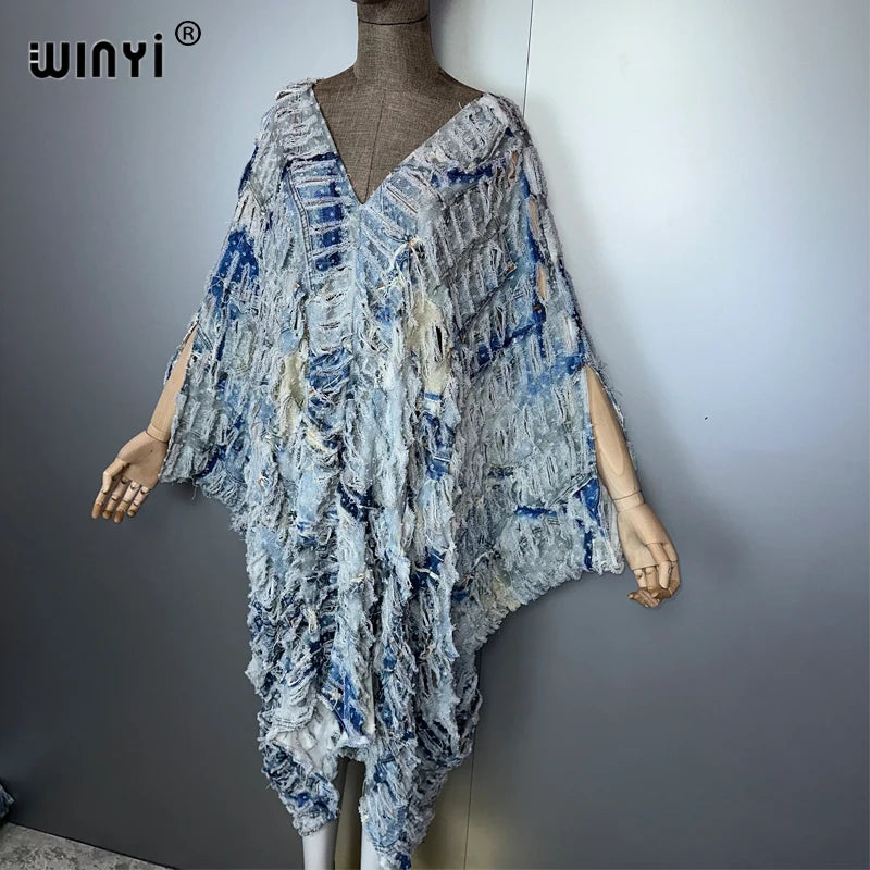 WINYI Original V Neck Print Denim Sexy Short Dress with Holes New Fashion Africa Womens Party Holiday Casual Maxi Beach Dress - Matrix Studios