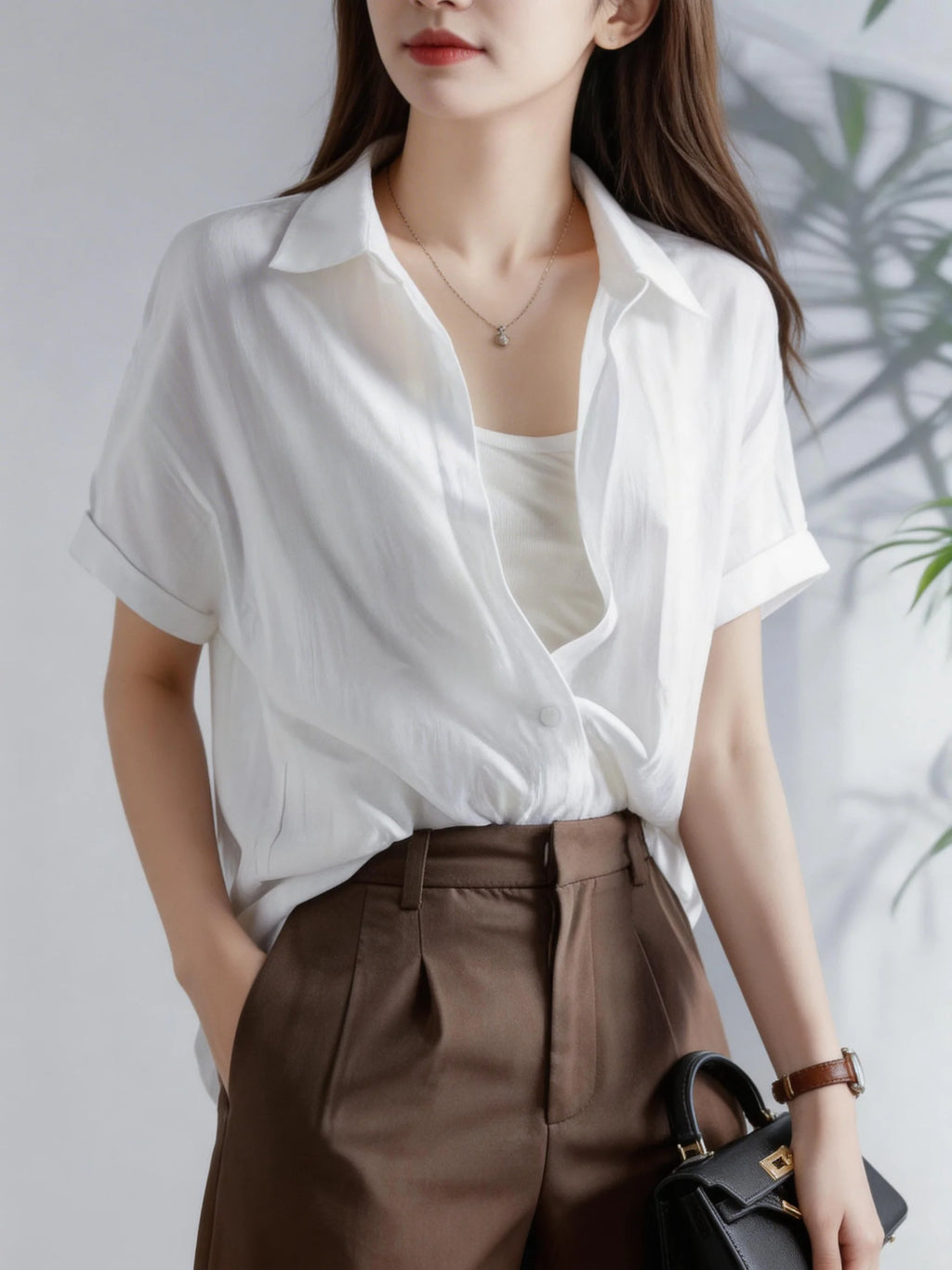 Women's Casual White Blouse, Short Sleeve V-Neck Shirt, Business Office Workwear, Breathable Textured Blouse - Matrix-studios.com