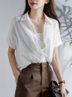 Women's Casual White Blouse, Short Sleeve V-Neck Shirt, Business Office Workwear, Breathable Textured Blouse - Matrix-studios.com