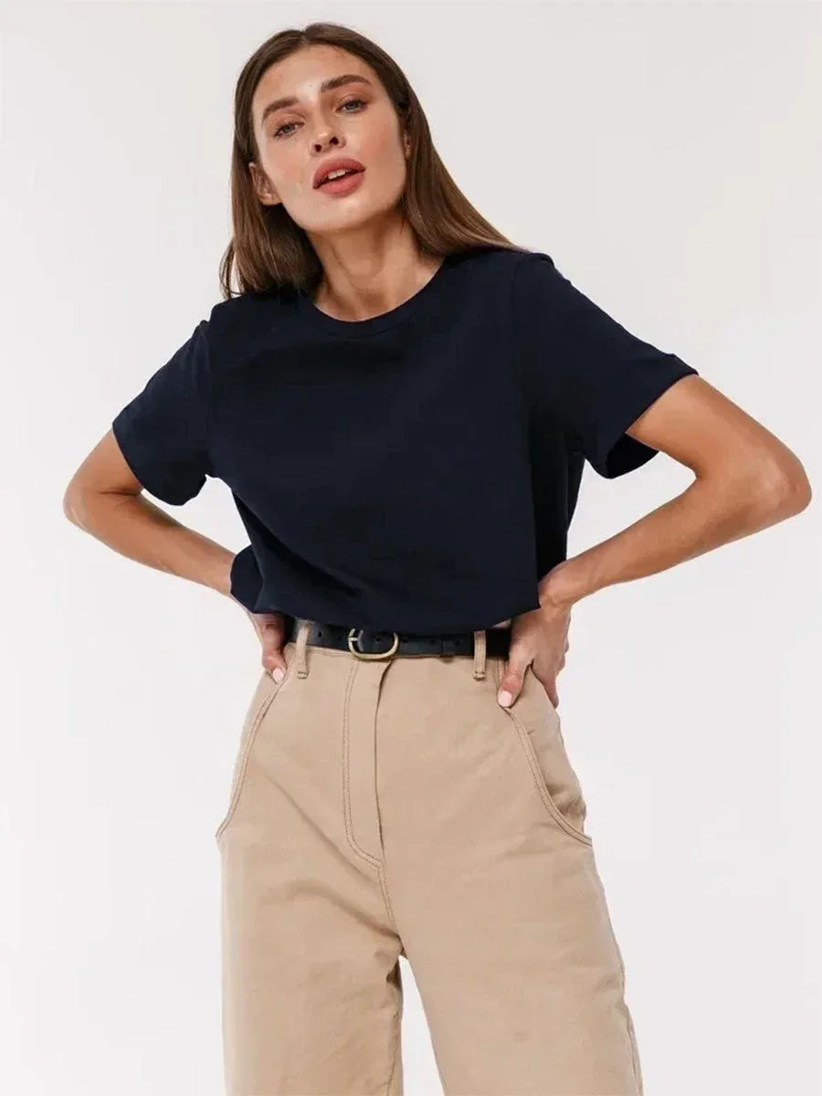 Bornladies Summer 100% Cotton Women's T-shirt Bottoming Basic Fashionable Solid Lady Short Sleeve Loose Tops Shirts 230g/㎡ Tops - Matrix-studios.com
