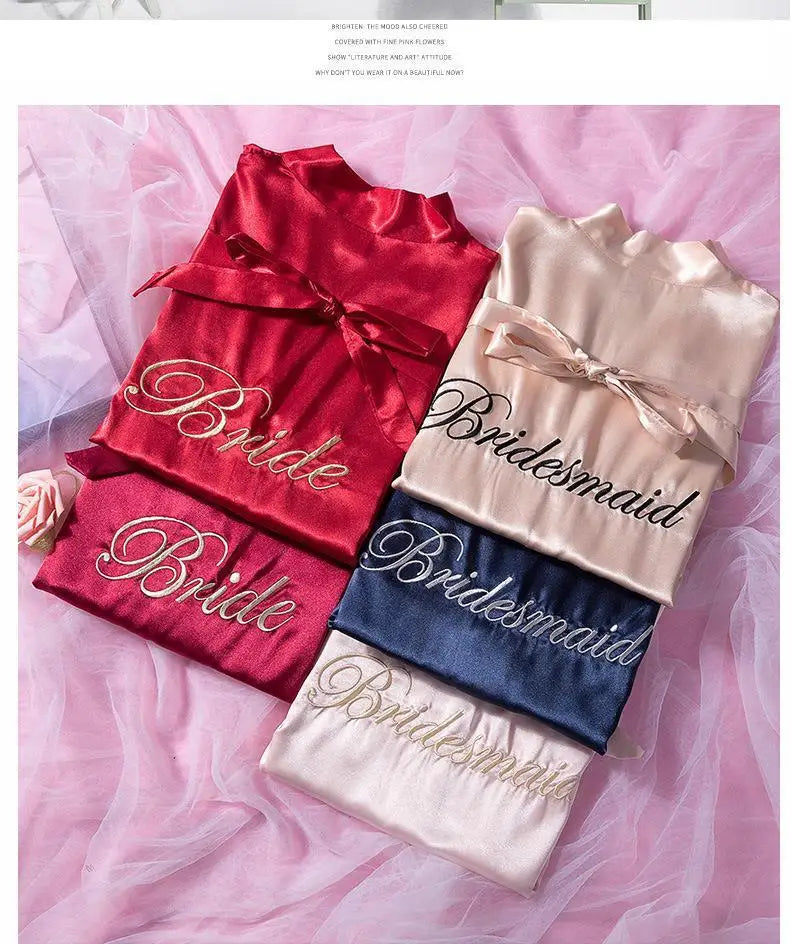 Bride Bridesmaid Wedding Robe Embroidery Kimono Bathrobe Gown Nightgown Casual Satin Short Women Sexy Nightwear Sleepwear - Matrix-studios.com