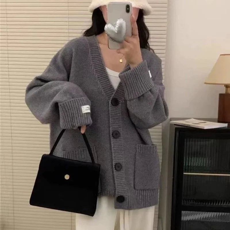 OCEANLOVE Cardigans Autumn Winter Solid Preppy Style Women Sweaters Korean Fashion V Neck Loose Warm Sweet Sueteres Mujer - Matrix Studios