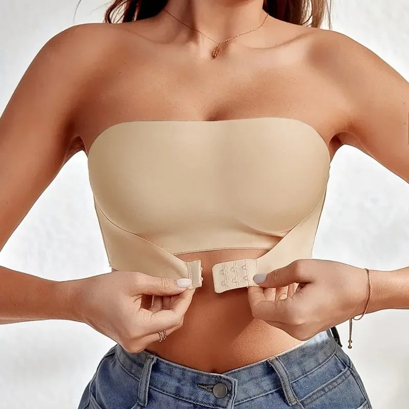 Women's Strapless Bra Sexy Seamless No Padding Front Button Bra Comfortable Smooth Women's Half Cup Silicone Non-slip Underwear - Matrix Studios