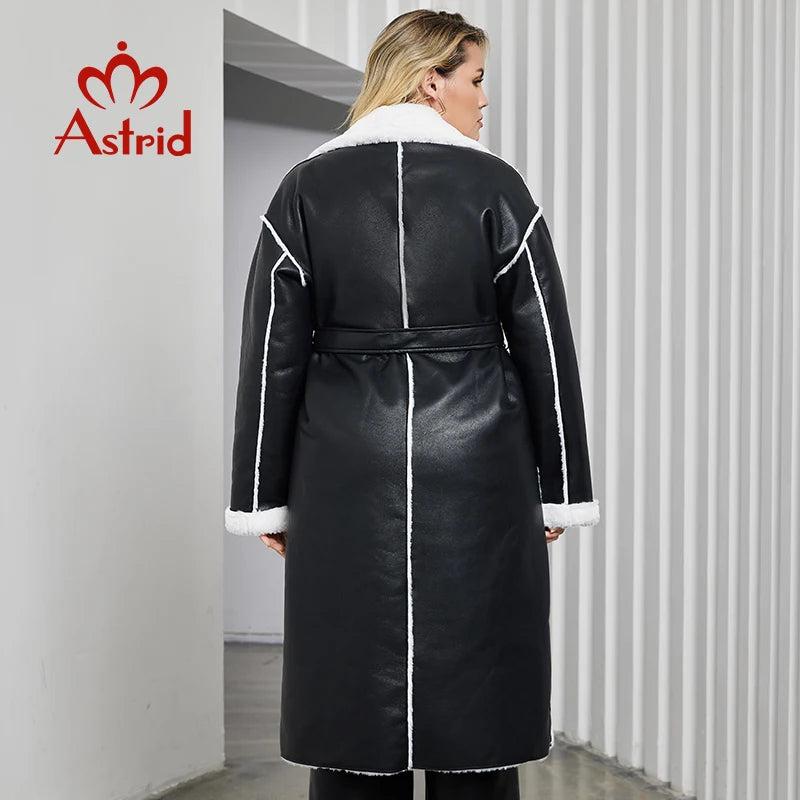 Astrid 2023 Winter Faux Leather Jacket Women Plus Size Long Warm Plush Collar Padded Coat Fashion Pocket Cotton Female Parkas - Matrix Studios