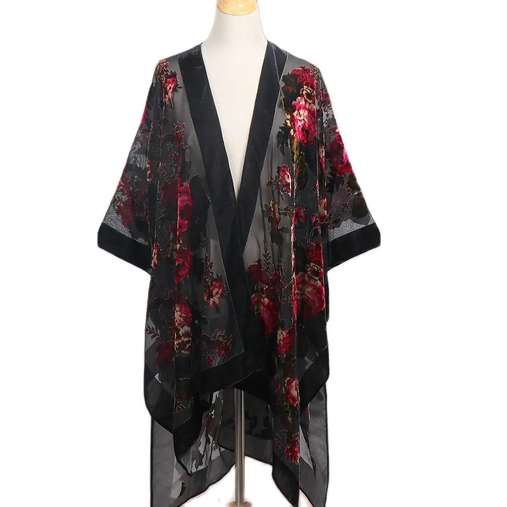 WeHello Bohemian Women's Burnout Velvet Kimono Long Cardigan With Beach Coverup Luxury Holiday Cardigan Shawl Tassel Chiffon - Matrix Studios