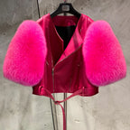 Leather Fur Jacket Natural Fur Sleeve Ladies Short Leather Jacket Real Fox Fur Sleeve Coat Women Autumn 21001-1 - Matrix Studios