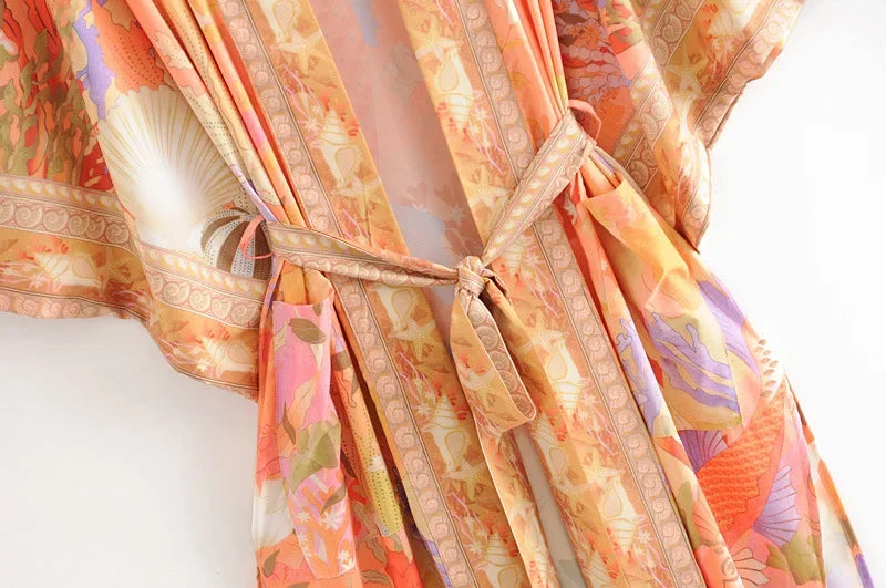 Boho Queens Vintage Chic Fashion Women Floral Print Bat Sleeve Bohemian Kimono Ladies V Neck Summer Beach Robe Bikini Cover-ups - Matrix Studios