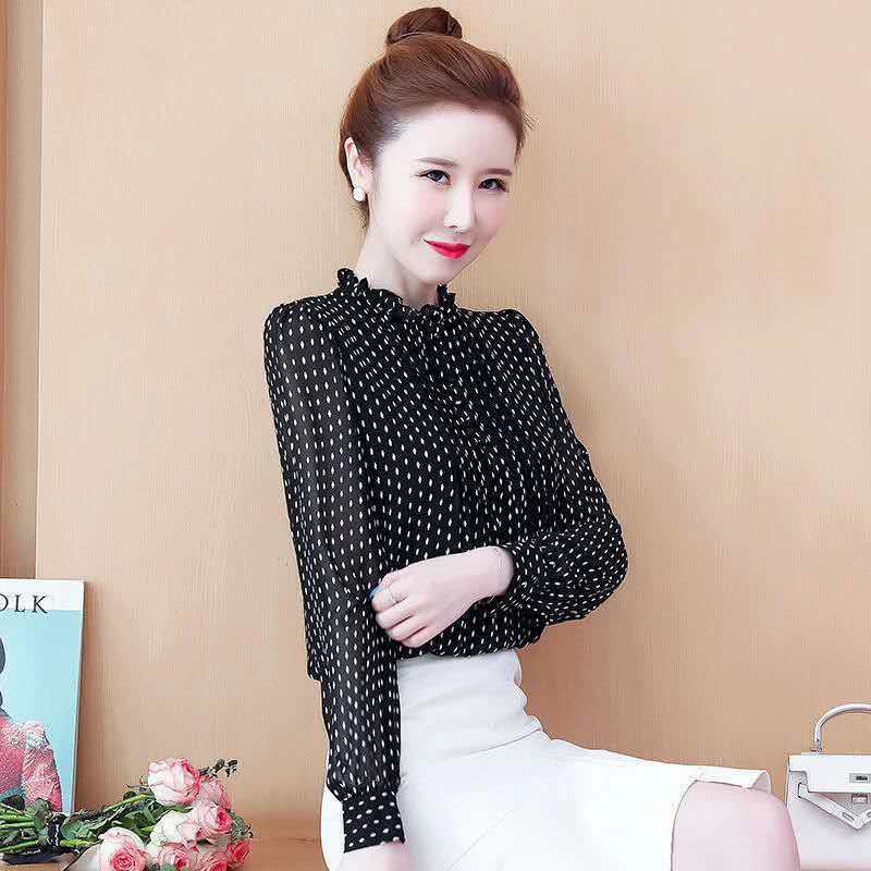 Women Spring Autumn Style Chiffon Blouses Shirts Lady Casual Long Sleeve O-Neck Polka Dot Printed Chiffon Blusas Tops DD8879 - Matrix-studios.com