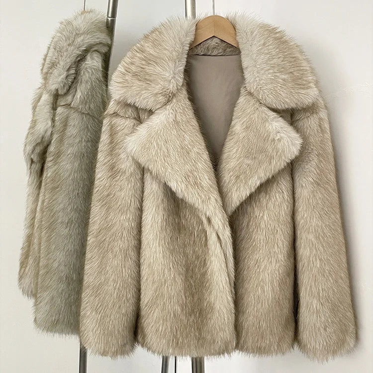 Mueyeruho 2025 Winter Women Faux Fur Jacket Coat Solid Khaki Long Sleeve Thick Warm Overcoat Outwear Fluffy Coat For Women - Matrix Studios