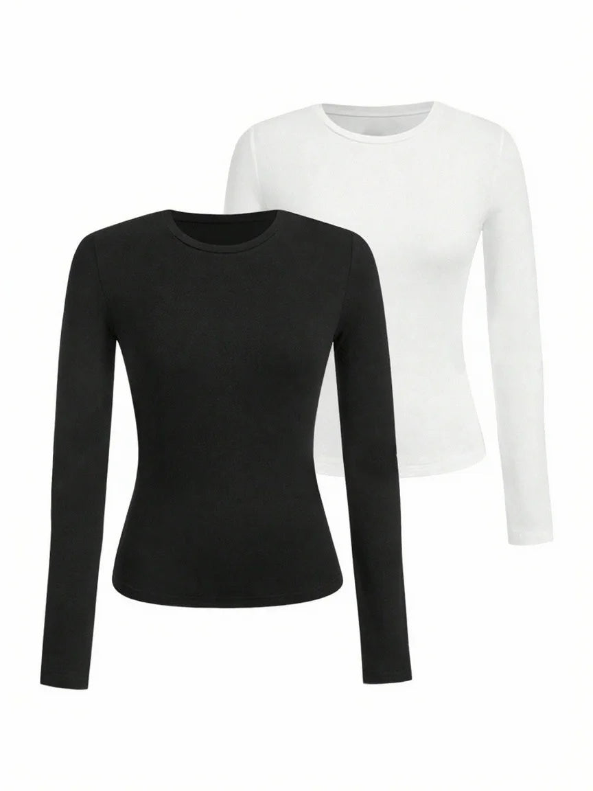 Women's solid-color long-sleeved T-shirt - Polyester knitted fabric, round neck, regular fit, fall-winter style - Matrix-studios.com