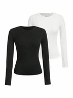 Women's solid-color long-sleeved T-shirt - Polyester knitted fabric, round neck, regular fit, fall-winter style - Matrix-studios.com