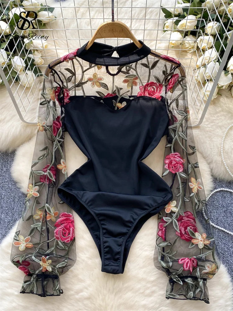 SINGREINY Vintage Embroidery Gauze Sexy Bodysuits Stand Collar Long Sleeve Playsuits Fashion Spliced Women Open crotch Rompers - Matrix Studios