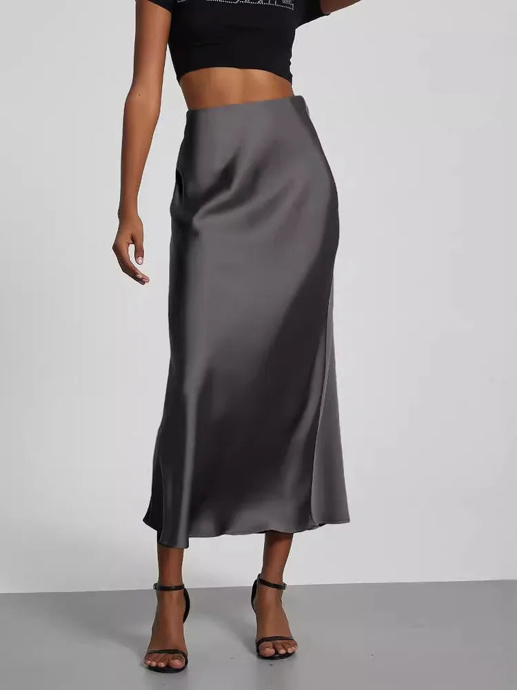 21 Colors New 2026 Women's Elegant High Waist Satin Long Skirts Female Summer Solid Color Faldas - Matrix-studios.com
