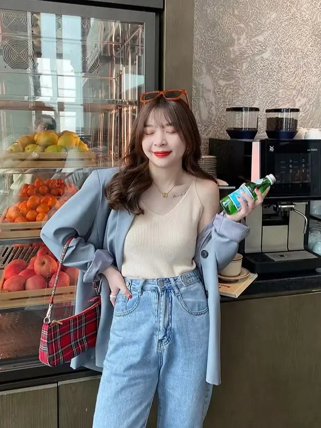 Korea Summer Tops 2026 New Solid V-Neck Elastic Knitted Suspender Camis Women's Tanks Clothing Basics Shirt - Matrix-studios.com