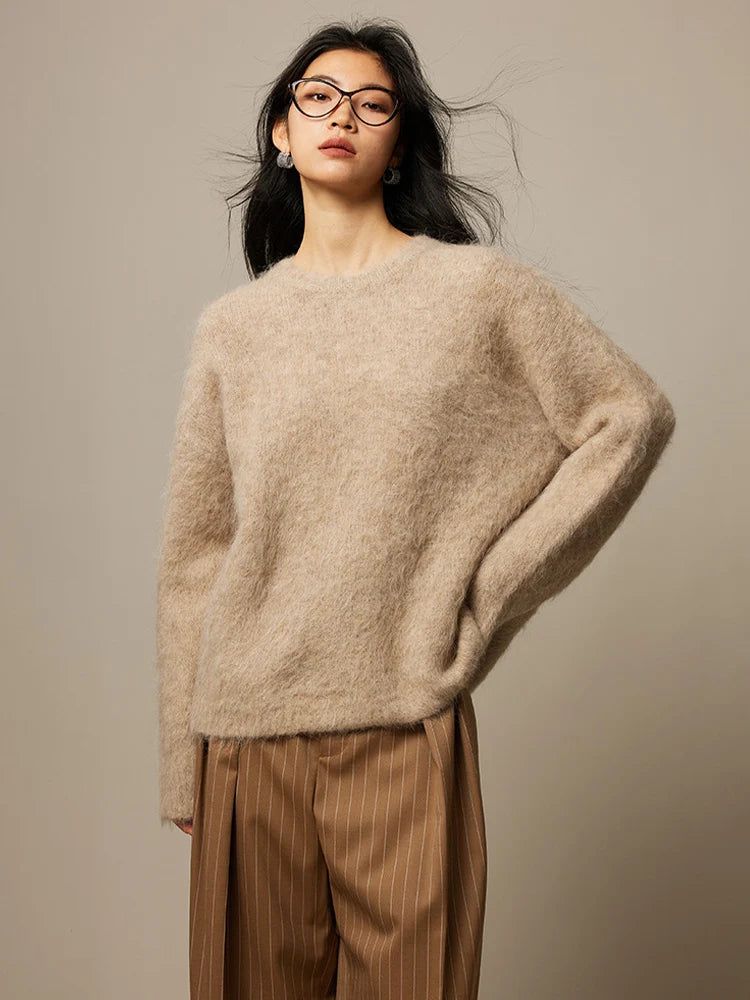 SuyaDream Warm Alpaca Pullovers for Woman, Dropped Sleeved Loose Sweaters, Brushed Wool Knit Sweater, 2026 Fall Winter Top - Matrix Studios