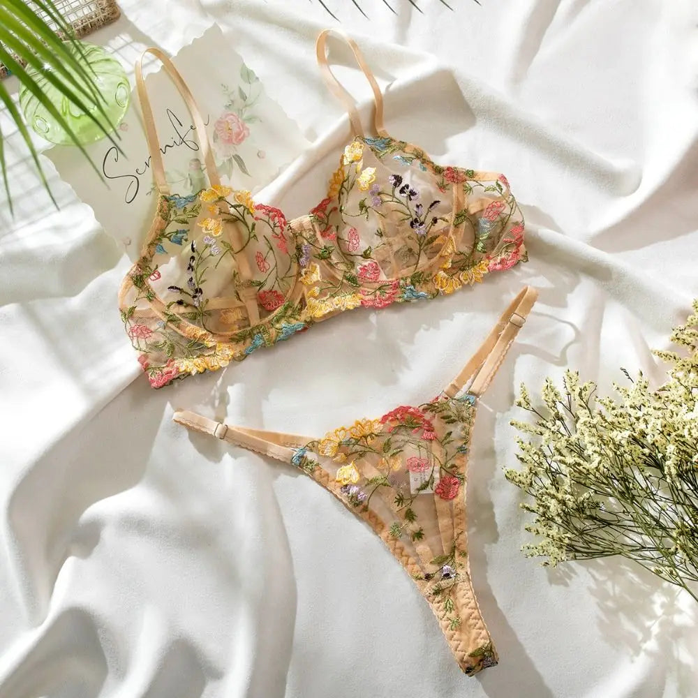 2-Piece Embroidery Lingerie Set Sexy Floral Sheer Wireless Bra Boho Bra Panty Set - Matrix-studios.com