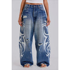 Deeptown Vintage Y2k Ripped Jeans Women Harajuku Print Blue Baggy Distressed Denim Trousers Hip Hop Grunge Streetwear Wide Jeans - Matrix-studios.com