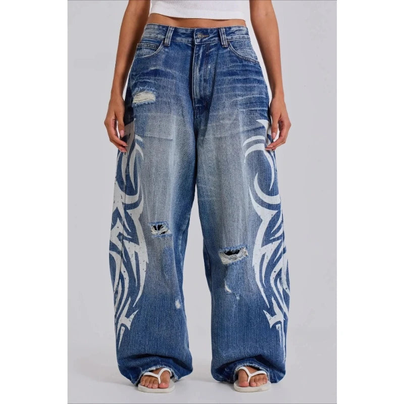 Deeptown Vintage Y2k Ripped Jeans Women Harajuku Print Blue Baggy Distressed Denim Trousers Hip Hop Grunge Streetwear Wide Jeans - Matrix-studios.com