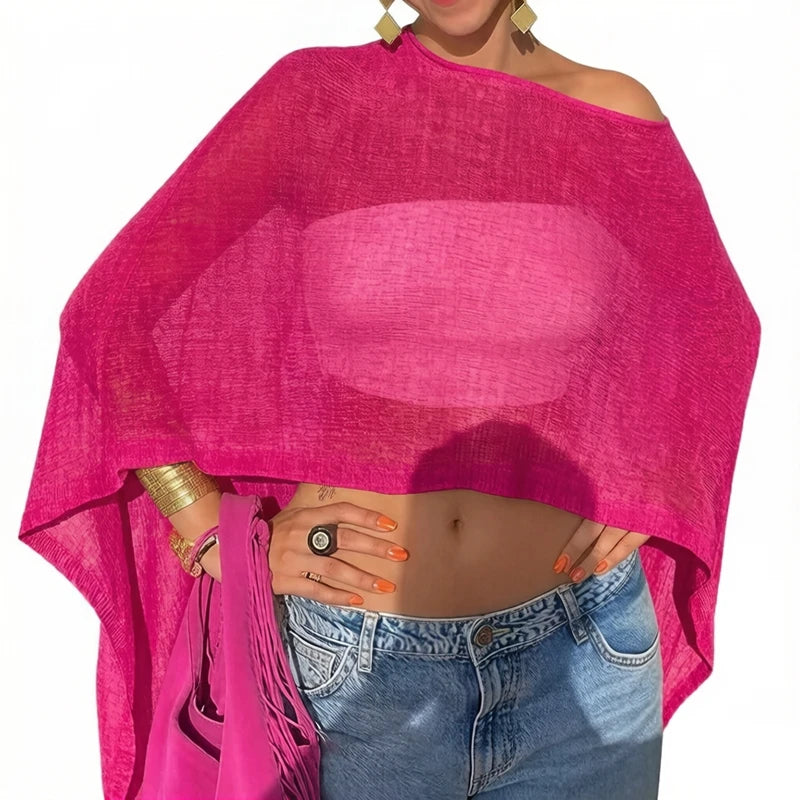 Combhasaki Women Knitwear Bikini Cover-up See-through Solid Off Shoulder Irregular Triangle Hem Loose Pullover Summer Beach Tops - Matrix Studios