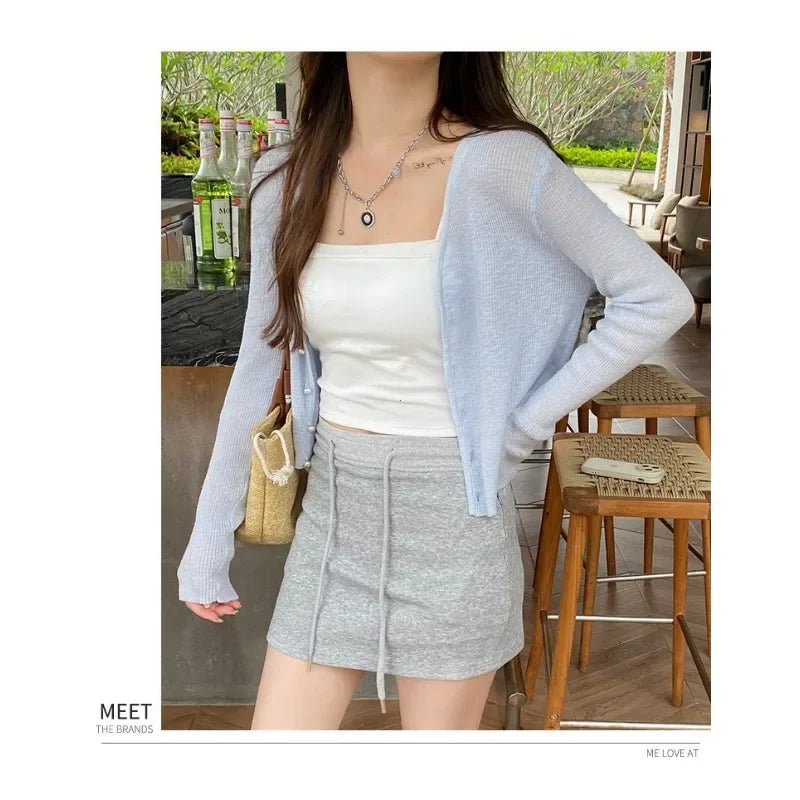 Green Ice Silk Sunscreen Knit Cardigan Outerwear Women Summer Suspender Skirt Outdoor Shawl Air Conditioning Blouse Top Thin - Matrix Studios