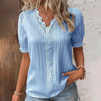 Women's Lace Stitching Shirt Summer Loose V Neck Short Sleeve Pullover Chiffon Shirt Solid Top Simple Elegant Street Blouse - Matrix-studios.com