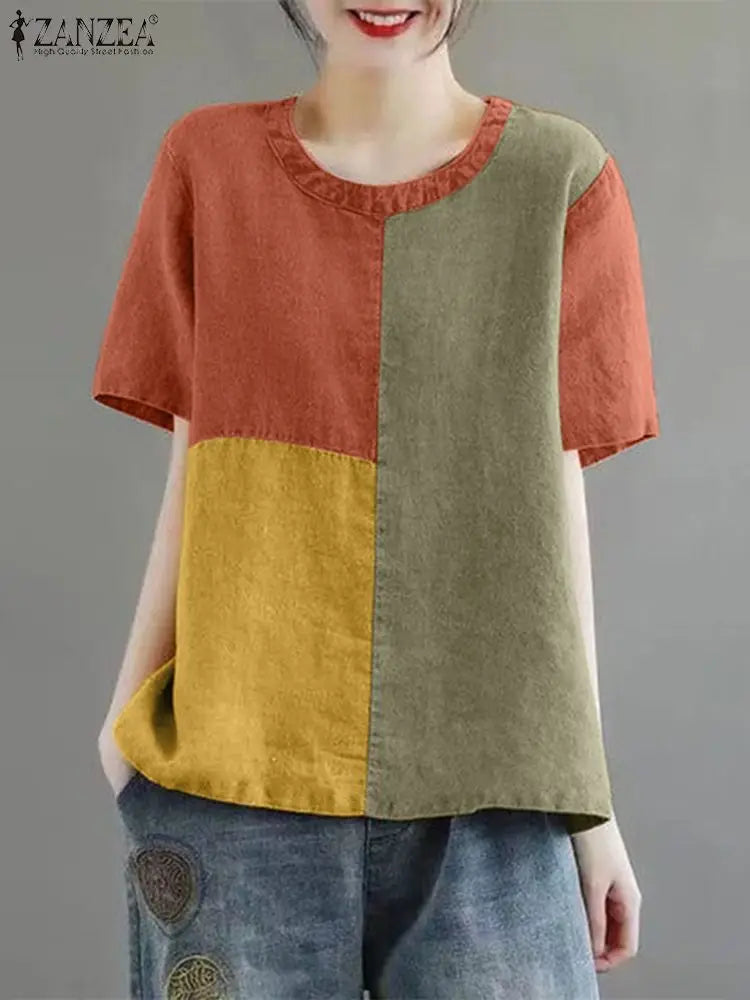 ZANZEA Women Patchwork Blouse 2024 Summer Short Sleeve Tunics Fashion Round Neck Shirts Casual Loose Holiday Cotton Linen Tops - Matrix-studios.com