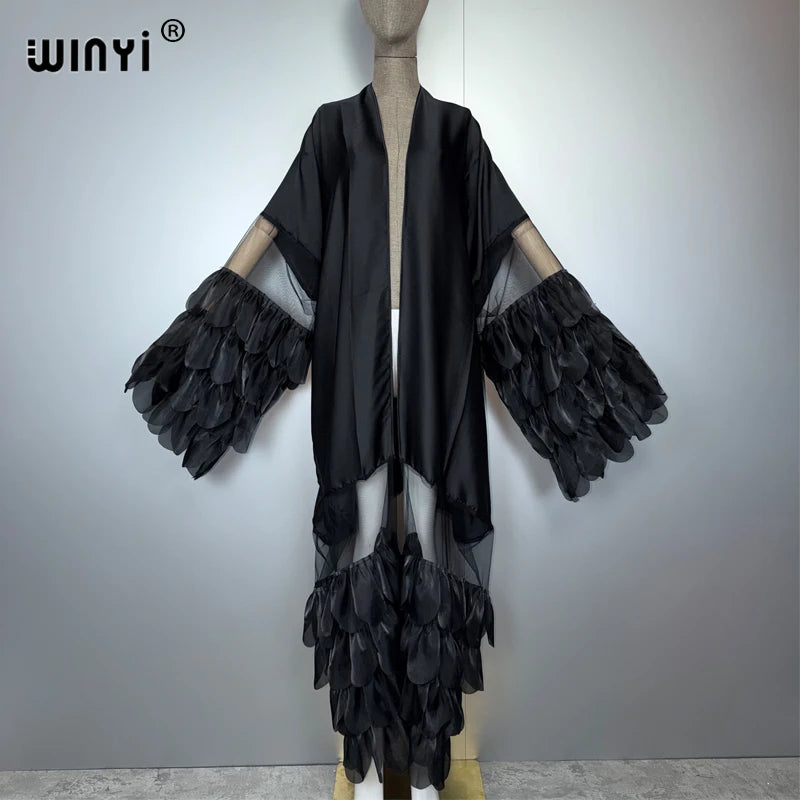 WINYI Catwalk Sexy Kimono Women Elegant Coat Long Sleeve Cardigan Abaya Dubai Luxury Beachwear Cover Up Dress Holiday Caftan - Matrix Studios
