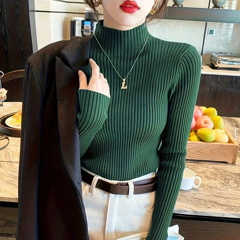 Winter Long Sleeve Mock Neck Knitted Women Sweater Pullover Slim Knit Sweater Women Tops Blusas Mujer De Moda 2024 Blusa J995 - Matrix Studios