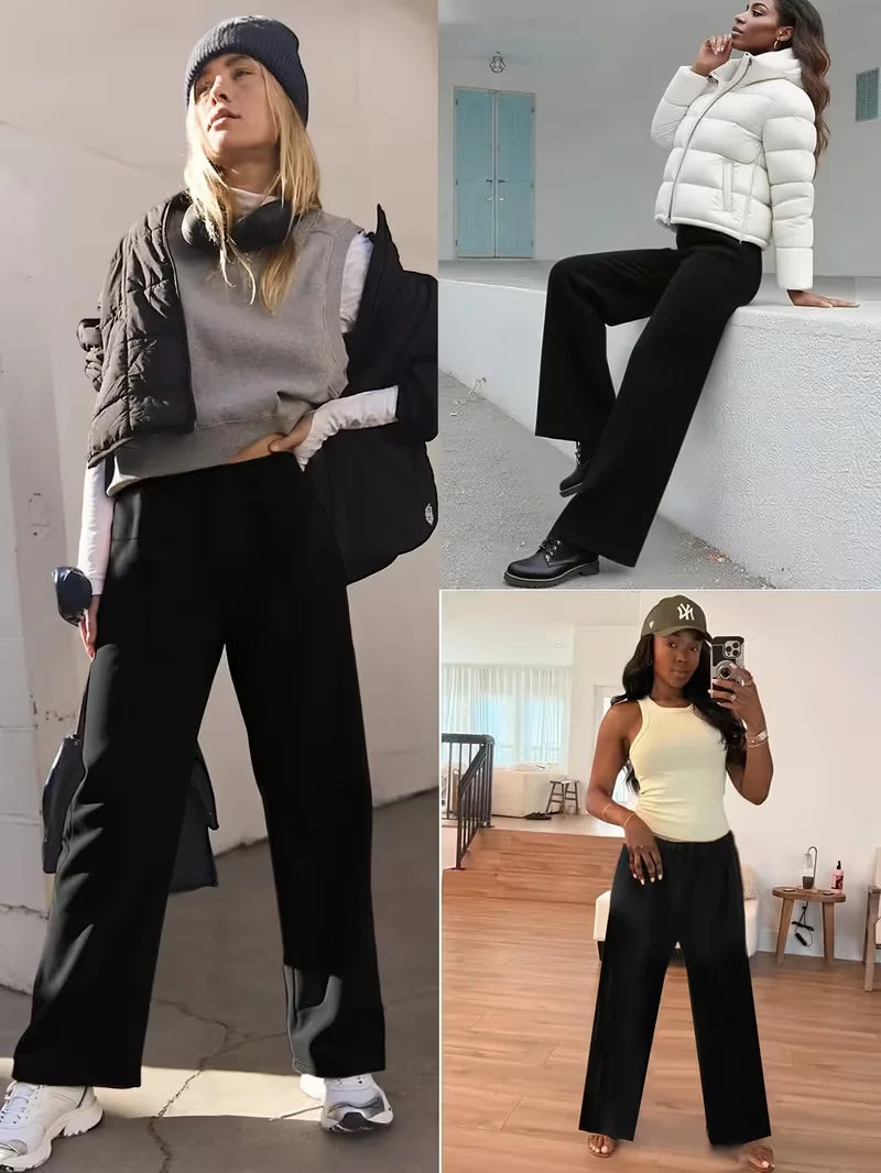 Warm Fleece Lined Wide Leg Pants Winter High Waist Warm Straight Leg Pants Women's Soft Apparel Casual Long Trouser Outdoor Wear - Matrix-studios.com