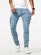 2025 Street Elastic Jeans Men Denim Cargo Pants Wash Solid Color Multi Pockets Casual Mid Waist Trousers Slim Daily Wear Joggers - Matrix Studios
