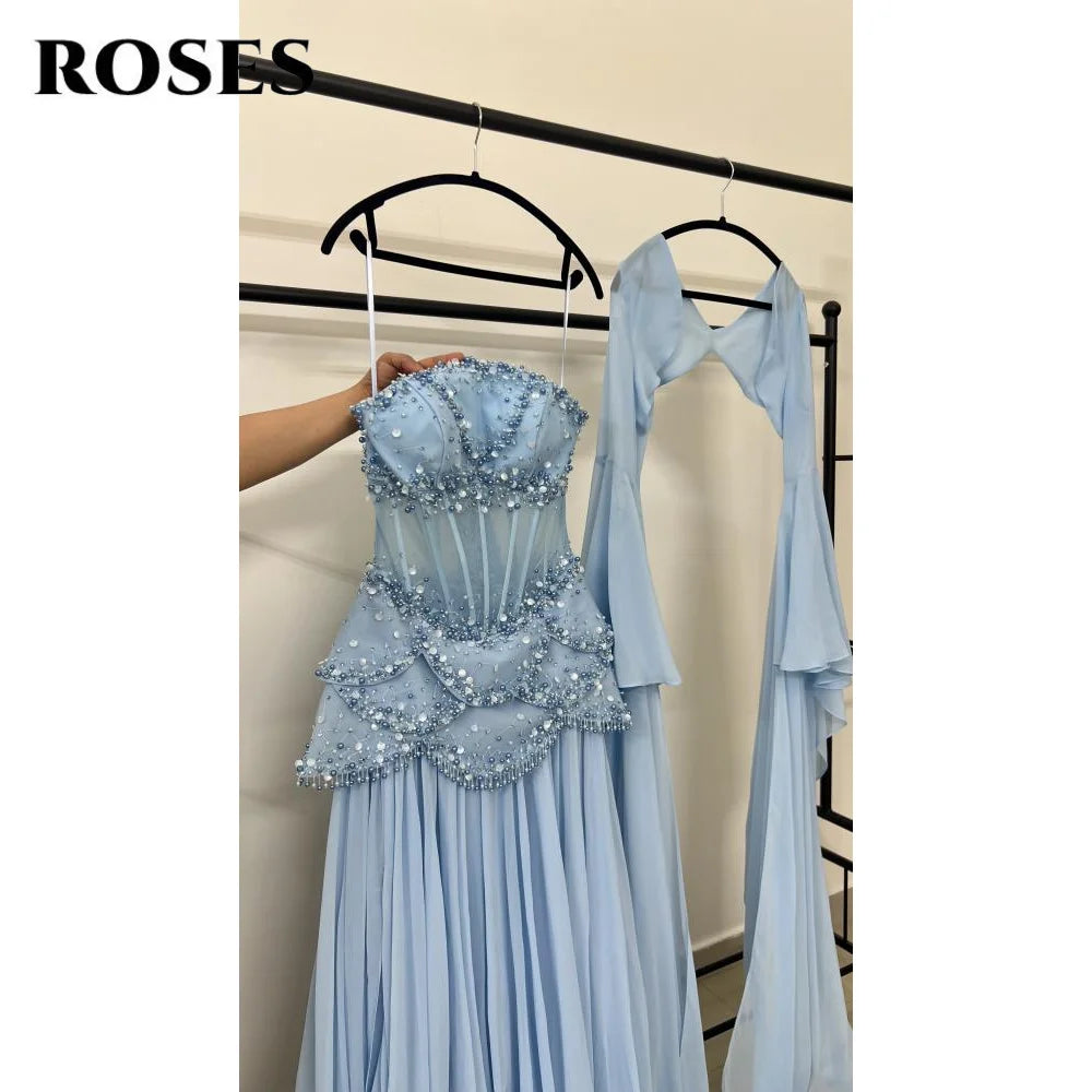 ROSES Sky Blue فساتين السهرة Strapless Gala Dress Pleat Beading A-line Prom Dress with Shawl Formal Dress Customized - Matrix Studios
