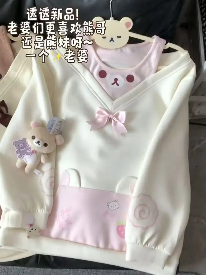 Japanese Kawaii Sweatshirts Women Autumn Sweet Bow Casual Off Shoulder Hoodies Design Elegant Lolita Tops Patchwork Coat - Matrix Studios