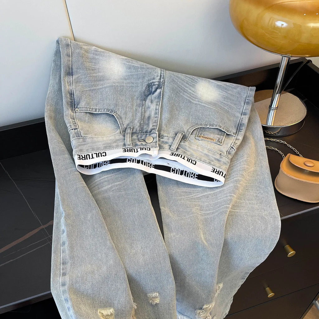 American Vintage Ripped Patchwork Jeans For Women New Spring Fall Light Blue High Waist Slim Loose Wide Leg Denim Trousers Stree - Matrix-studios.com