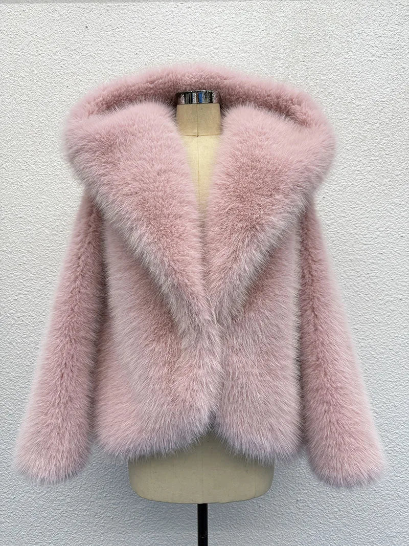 2026 Autumn Winter Women Faux Fur Short Coats Solid Hooded Jackets Long Sleeves Covered Button Thick Office Lady OVERCOAT - Matrix Studios