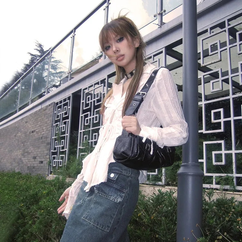 Karrram Y2k Aesthetics Pleated Shirt Fairycore Lace Up Blouse Trashy 2000s Style V-neck Shirt Irregular Japanese Harajuku 90s - Matrix-studios.com